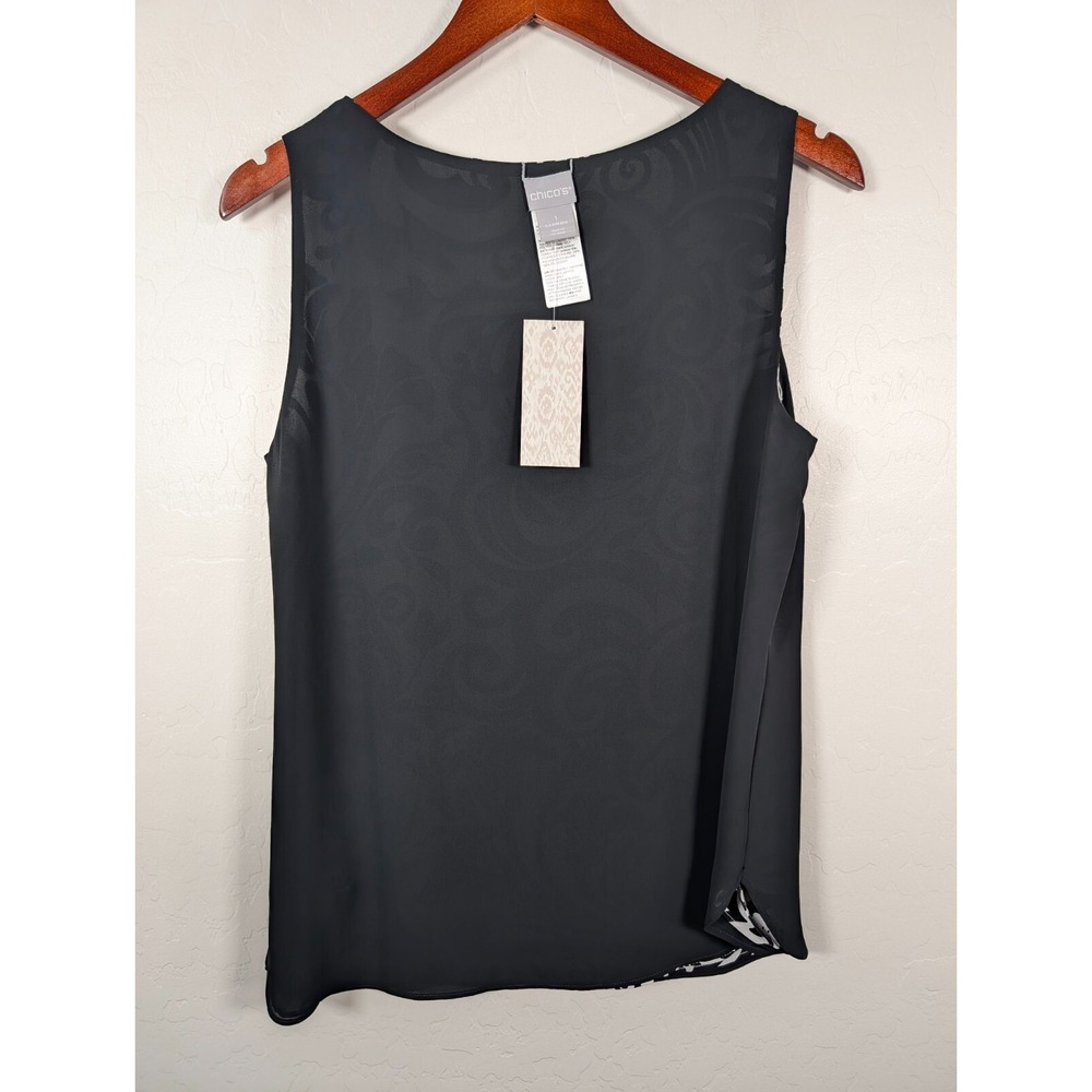CHICO'S Tank Top Women Size 1 Reversible Scroll Print Woven Pattern Black White - Picture 4 of 10